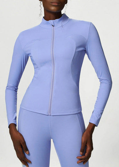 Slim Fit Light Blue Stand Collar Zip Up Patchwork Long Sleeve Athletic Yoga Top Coat