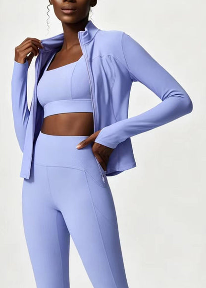 Slim Fit Light Blue Stand Collar Zip Up Patchwork Long Sleeve Athletic Yoga Top Coat