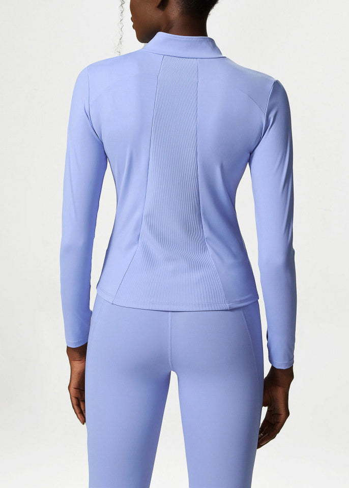 Slim Fit Light Blue Stand Collar Zip Up Patchwork Long Sleeve Athletic Yoga Top Coat