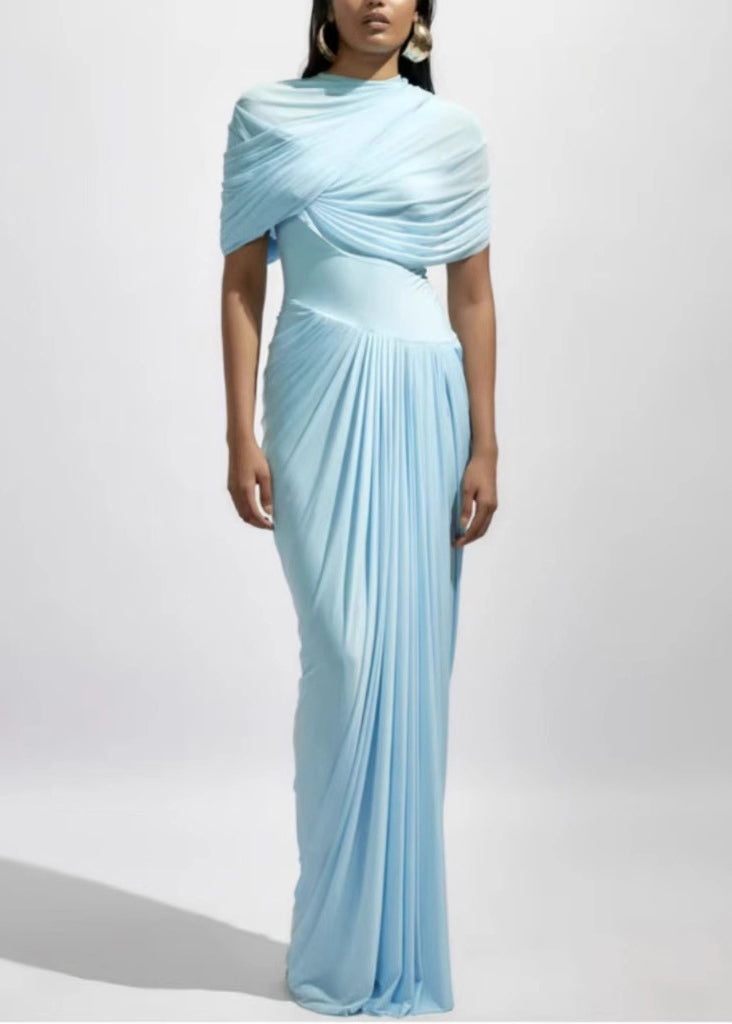 Slim Fit Light Blue Wrinkled High Waist Solid Cotton Maxi Dresses Summer