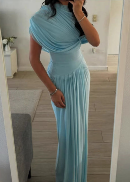 Slim Fit Light Blue Wrinkled High Waist Solid Cotton Maxi Dresses Summer