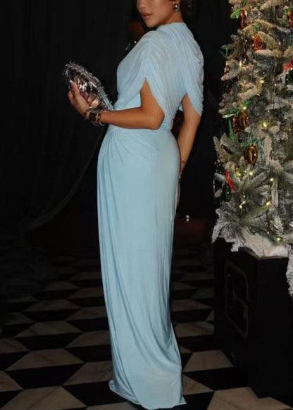 Slim Fit Light Blue Wrinkled High Waist Solid Cotton Maxi Dresses Summer