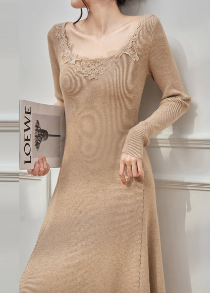 Slim Fit Light Camel Lace Patchwork Solid Knit Sweater Dress Fall