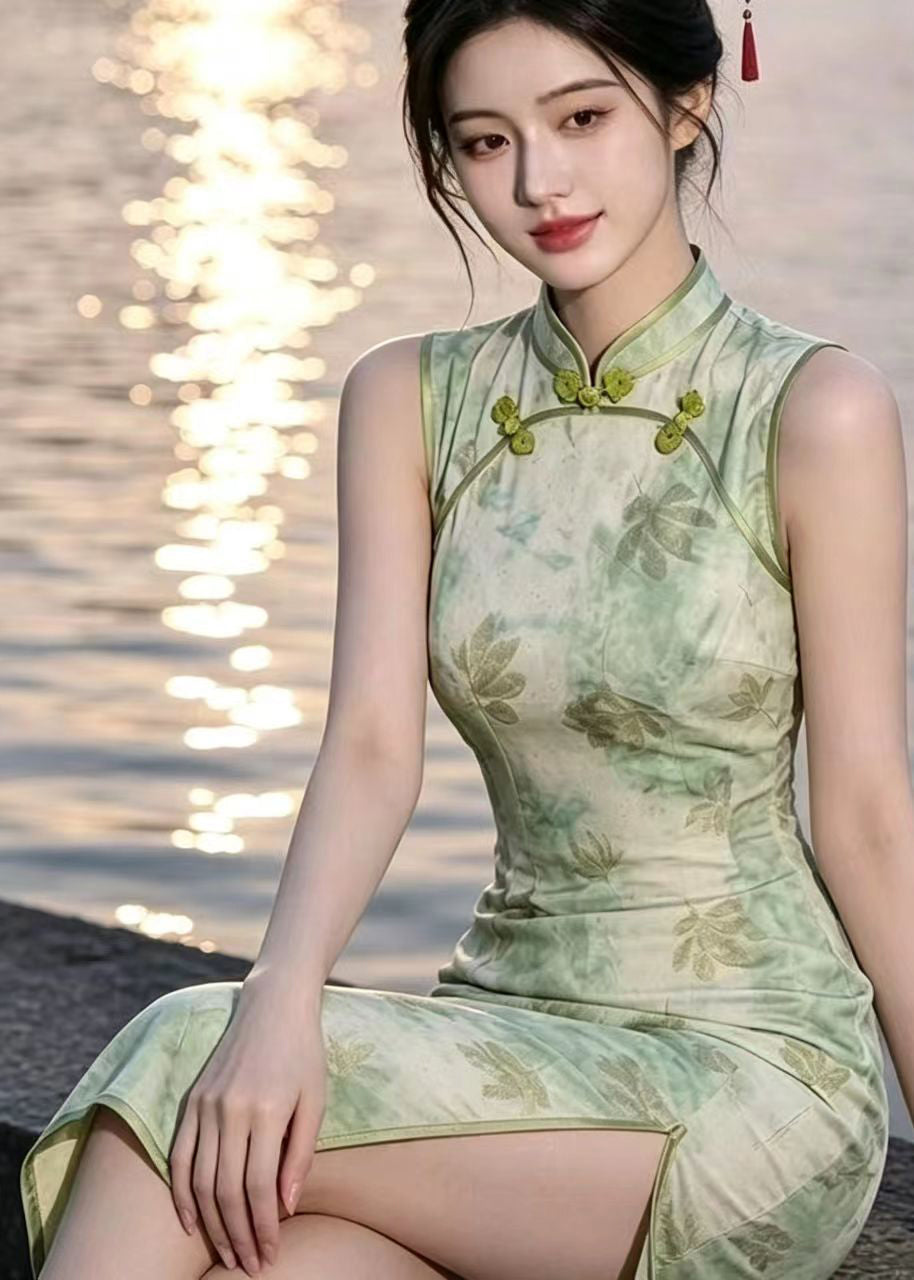 Slim Fit Light Green Mandarin Collar Print Cheongsam Dress Sleeveless