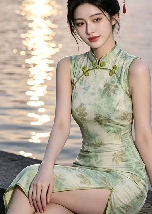Slim Fit Light Green Mandarin Collar Print Cheongsam Dress Sleeveless