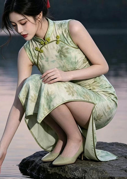 Slim Fit Light Green Mandarin Collar Print Cheongsam Dress Sleeveless