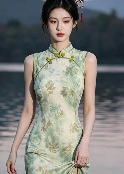 Slim Fit Light Green Mandarin Collar Print Cheongsam Dress Sleeveless