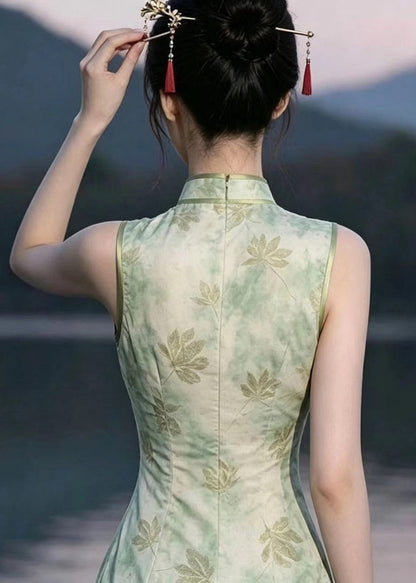 Slim Fit Light Green Mandarin Collar Print Cheongsam Dress Sleeveless