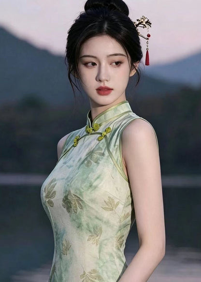Slim Fit Light Green Mandarin Collar Print Cheongsam Dress Sleeveless