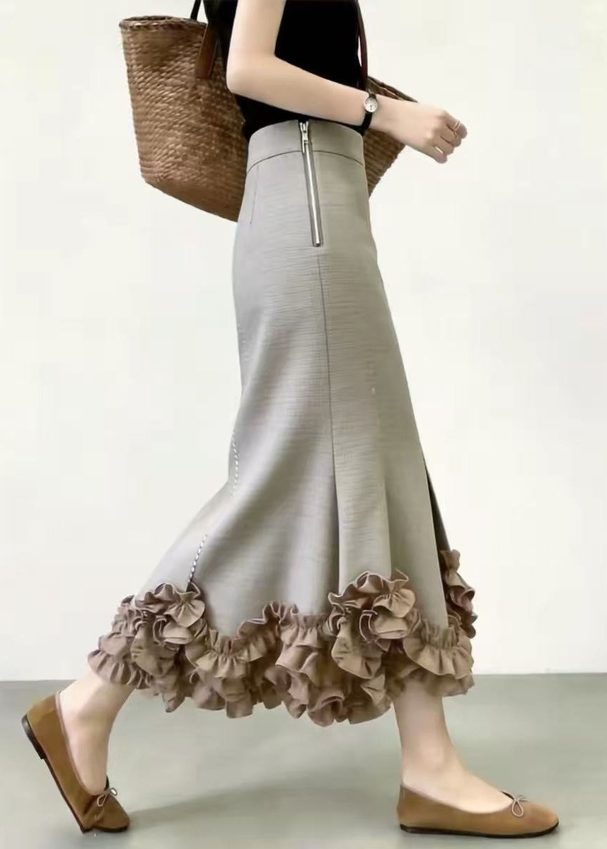 Slim Fit Light Grey Ruffled Side Zipper High Waist Mermaid Skirts Fall