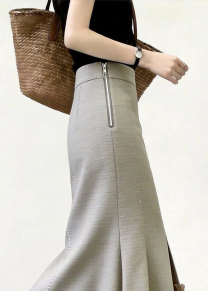 Slim Fit Light Grey Ruffled Side Zipper High Waist Mermaid Skirts Fall
