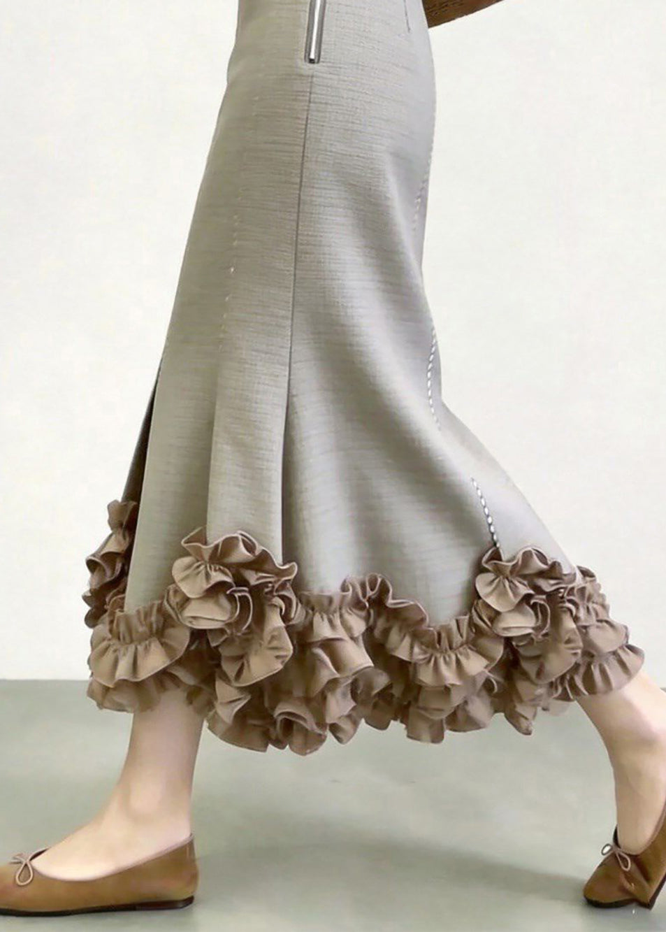 Slim Fit Light Grey Ruffled Side Zipper High Waist Mermaid Skirts Fall