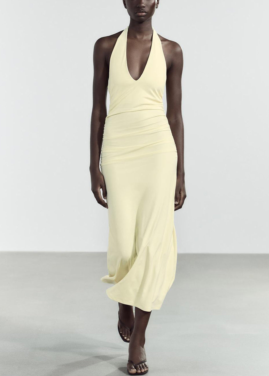 Slim Fit Light Yellow V Neck Backless Cotton Long Dress Sleeveless