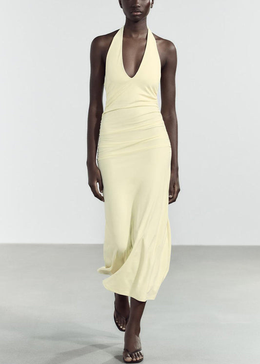 Slim Fit Light Yellow V Neck Backless Cotton Long Dress Sleeveless