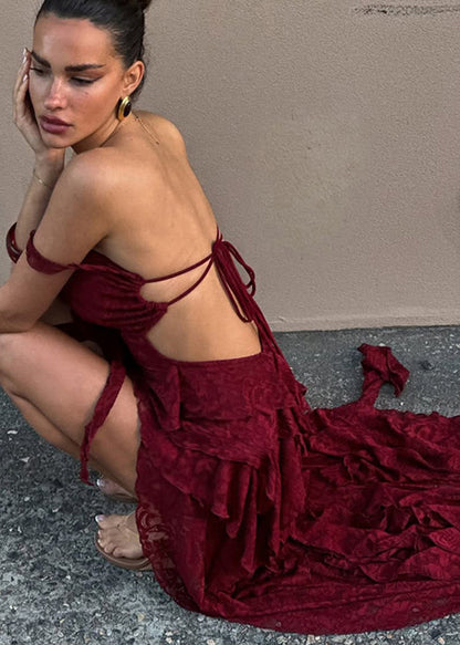 Slim Fit Mulberry Cold Shoulder Asymmetrical Maxi Dresses Summer
