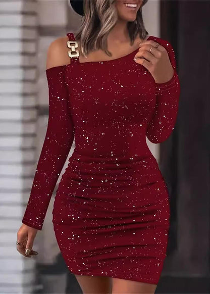Slim Fit Mulberry Cold Shoulder Sequins Mid Dresses Fall