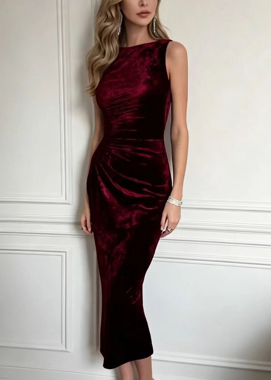 Slim Fit Mulberry O-Neck Wrinkled Back Slit Velvet Dresses Fall