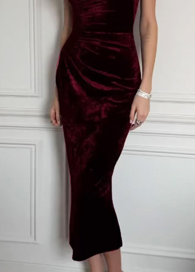 Slim Fit Mulberry O-Neck Wrinkled Back Slit Velvet Dresses Fall