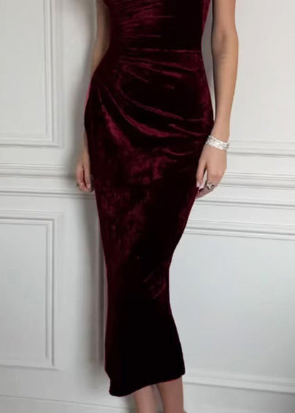 Slim Fit Mulberry O-Neck Wrinkled Back Slit Velvet Dresses Fall