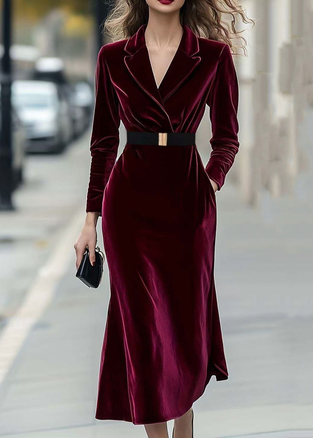 Slim Fit Mulberry V Neck Tunic Silk Velvet Dresses Long Sleeve