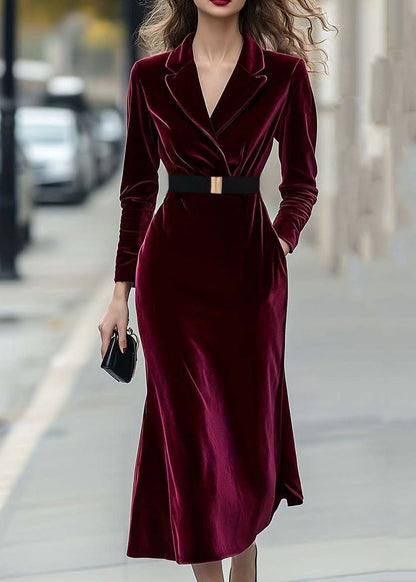 Slim Fit Mulberry V Neck Tunic Silk Velvet Dresses Long Sleeve