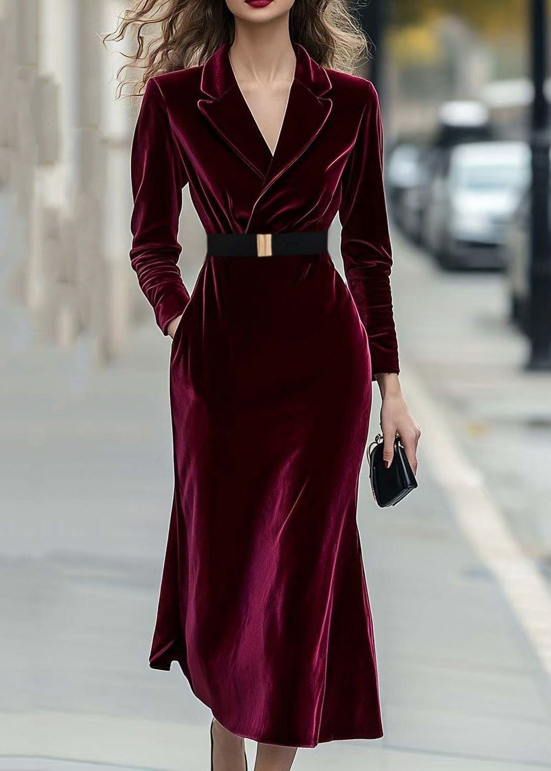 Slim Fit Mulberry V Neck Tunic Silk Velvet Dresses Long Sleeve