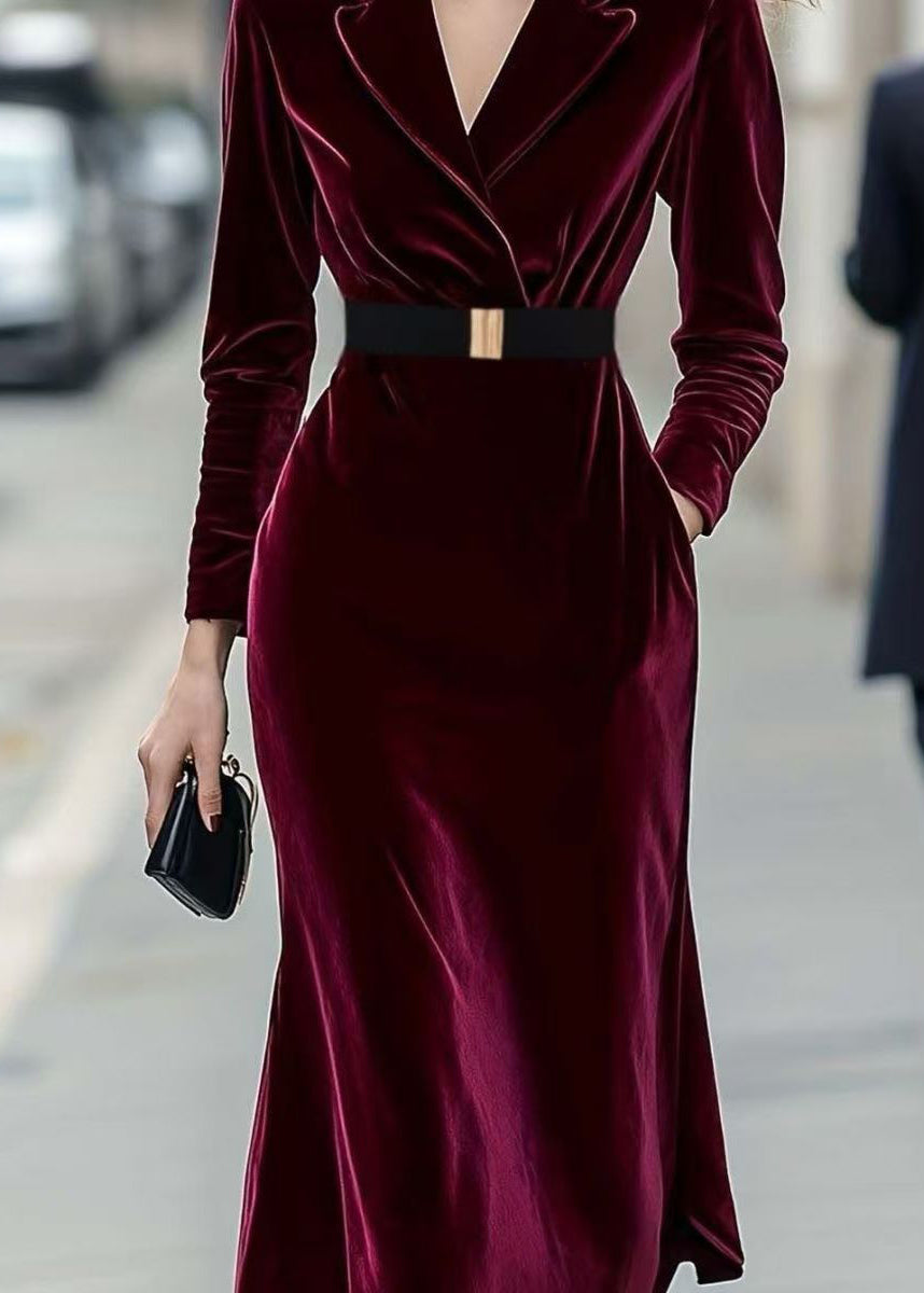 Slim Fit Mulberry V Neck Tunic Silk Velvet Dresses Long Sleeve