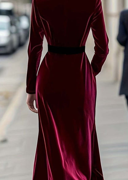 Slim Fit Mulberry V Neck Tunic Silk Velvet Dresses Long Sleeve