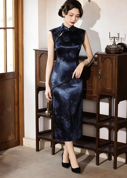 Slim Fit Navy Chinese Buttons Side Open Dress Sleeveless