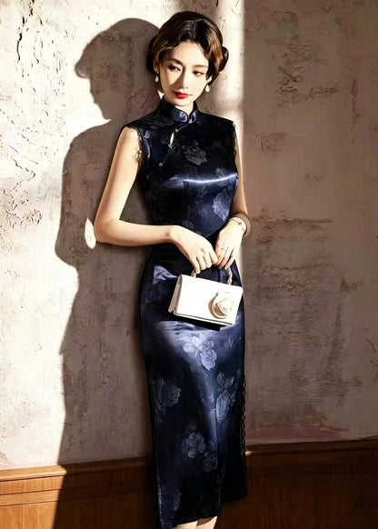 Slim Fit Navy Chinese Buttons Side Open Dress Sleeveless
