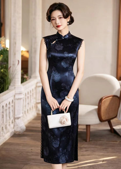 Slim Fit Navy Chinese Buttons Side Open Dress Sleeveless
