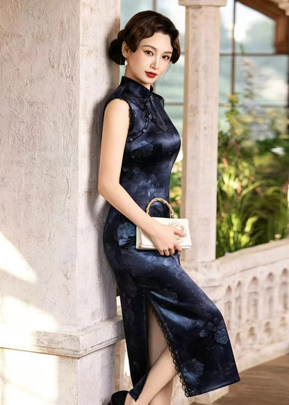 Slim Fit Navy Chinese Buttons Side Open Dress Sleeveless
