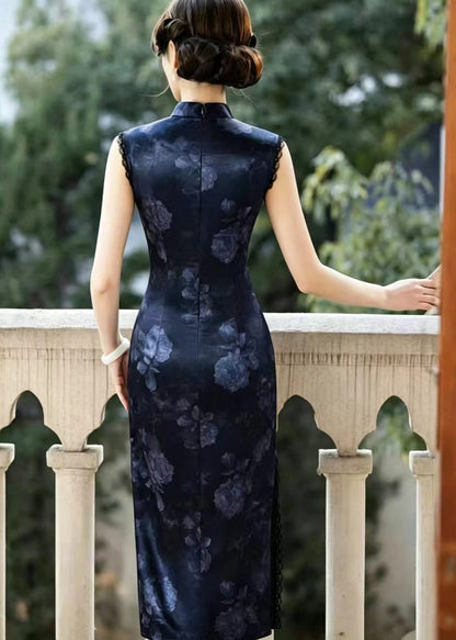 Slim Fit Navy Chinese Buttons Side Open Dress Sleeveless