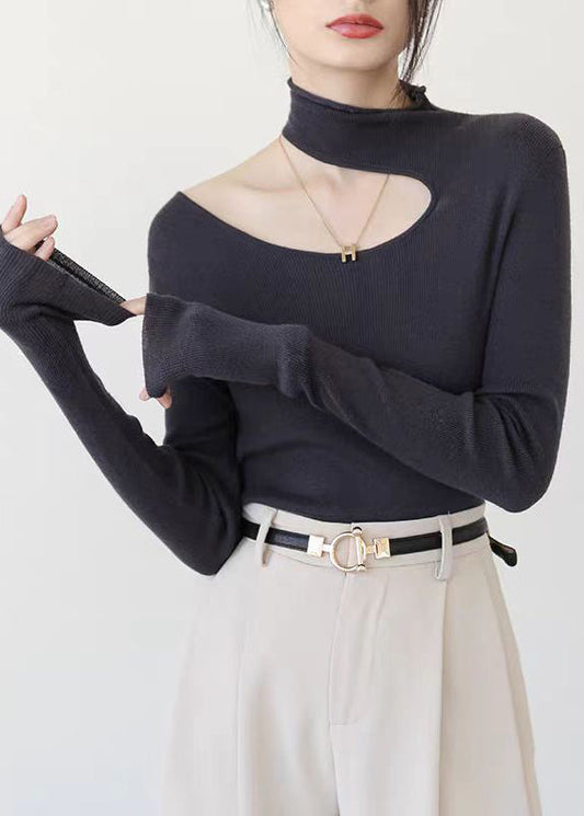 Slim Fit Navy Peter Pan Collar Hollow Out Knit Sweater Top Spring