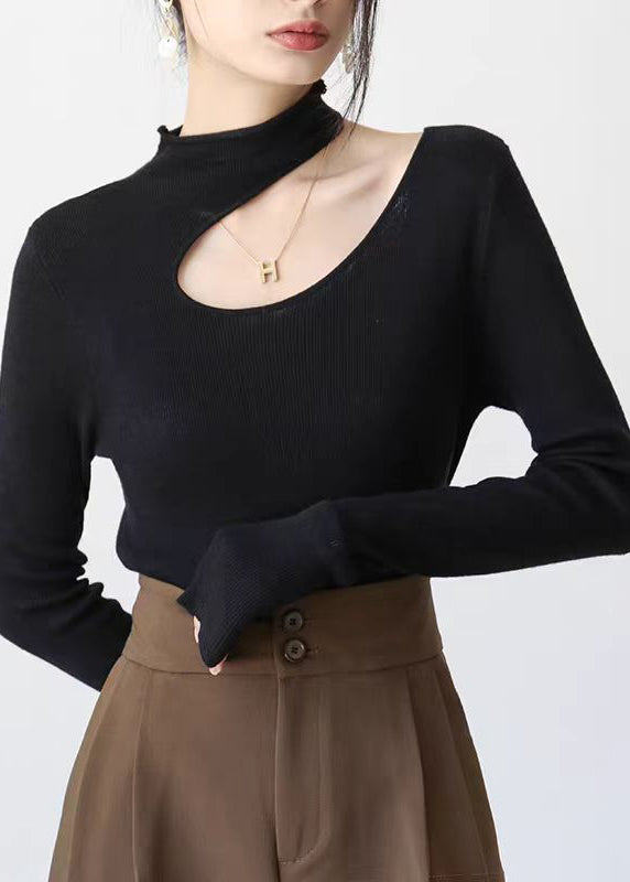 Slim Fit Navy Peter Pan Collar Hollow Out Knit Sweater Top Spring