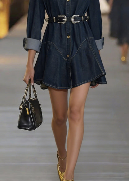 Slim Fit Navy Peter Pan Collar Sashes Denim Mid Dress