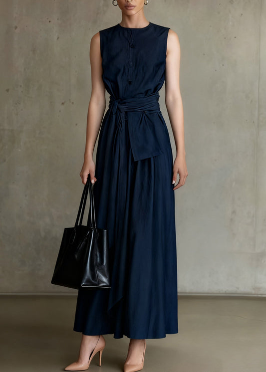 Slim Fit Navy Tie Waist Tops And Skirts Denim Two Piece Set Sleeveless