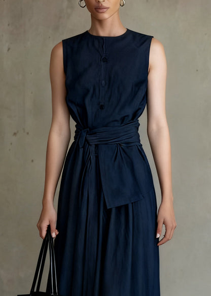 Slim Fit Navy Tie Waist Tops And Skirts Denim Two Piece Set Sleeveless