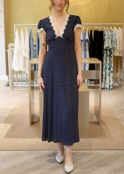 Slim Fit Navy V Neck Dot Cotton Long Dress Summer