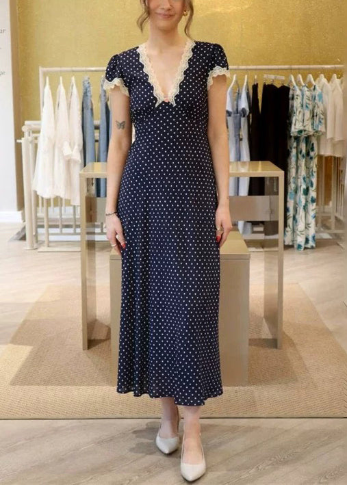 Slim Fit Navy V Neck Dot Cotton Long Dress Summer