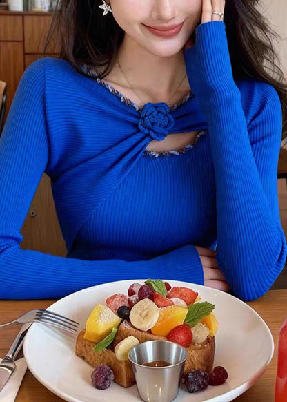 Slim Fit Oatmeal Floral Solid Knit Sweater Spring