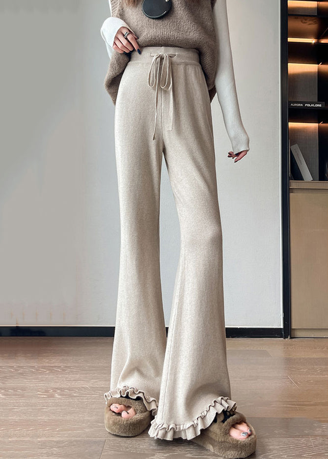 Slim Fit Oatmeal Ruffled Drawstring Knit Flare Bottoms Fall