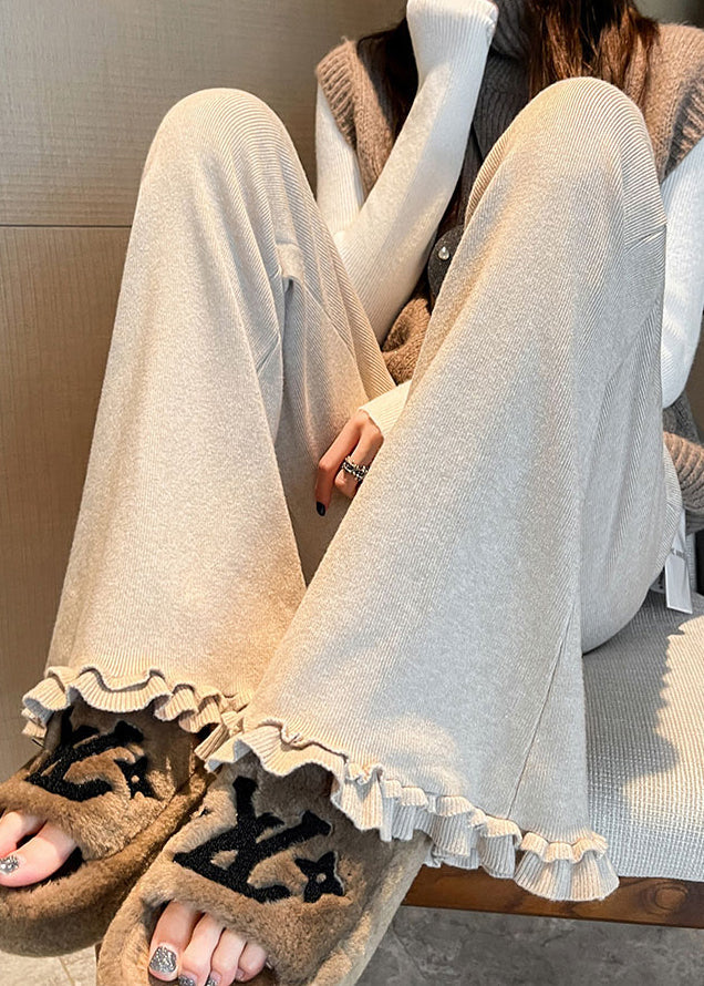 Slim Fit Oatmeal Ruffled Drawstring Knit Flare Bottoms Fall
