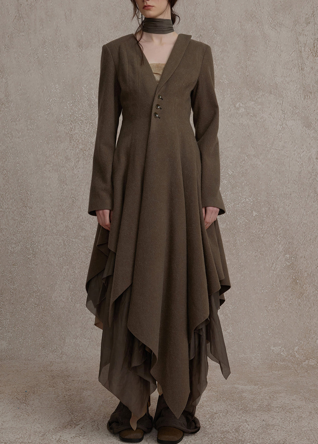 Slim Fit Olive Green V Neck Button Long Dress Fall