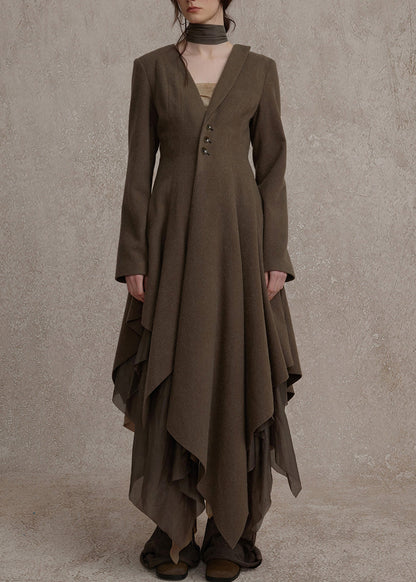 Slim Fit Olive Green V Neck Button Long Dress Fall