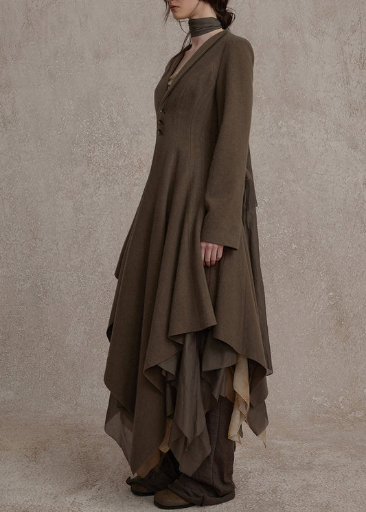 Slim Fit Olive Green V Neck Button Long Dress Fall