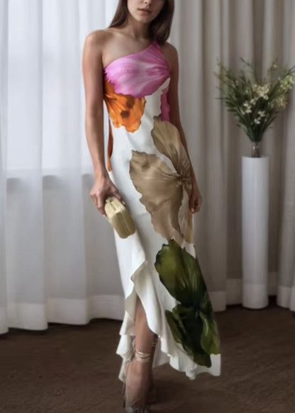 Slim Fit One Shoulder Print Zippered Cotton Long Dresses Sleeveless