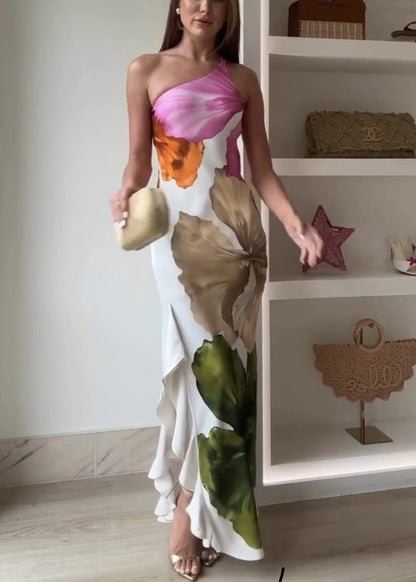 Slim Fit One Shoulder Print Zippered Cotton Long Dresses Sleeveless