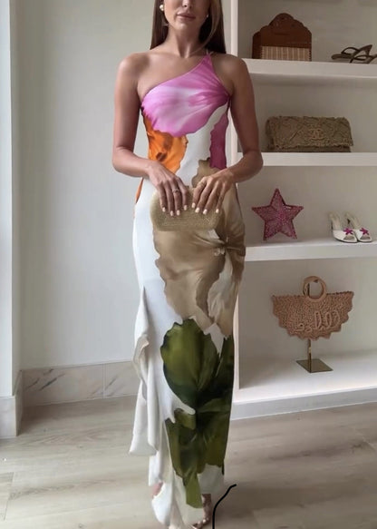 Slim Fit One Shoulder Print Zippered Cotton Long Dresses Sleeveless