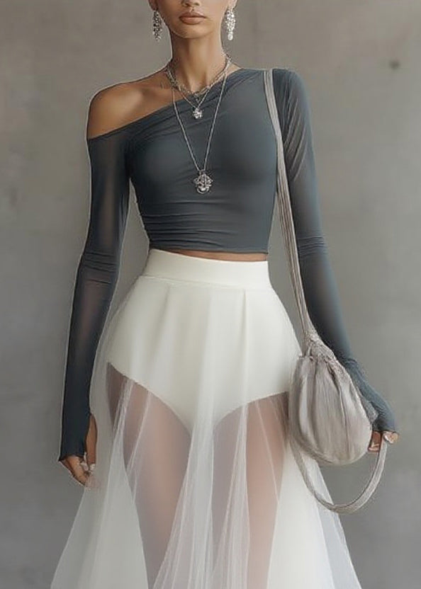 Slim Fit One Shoulder Top And Tulle Skirts Two Pieces Set Spring